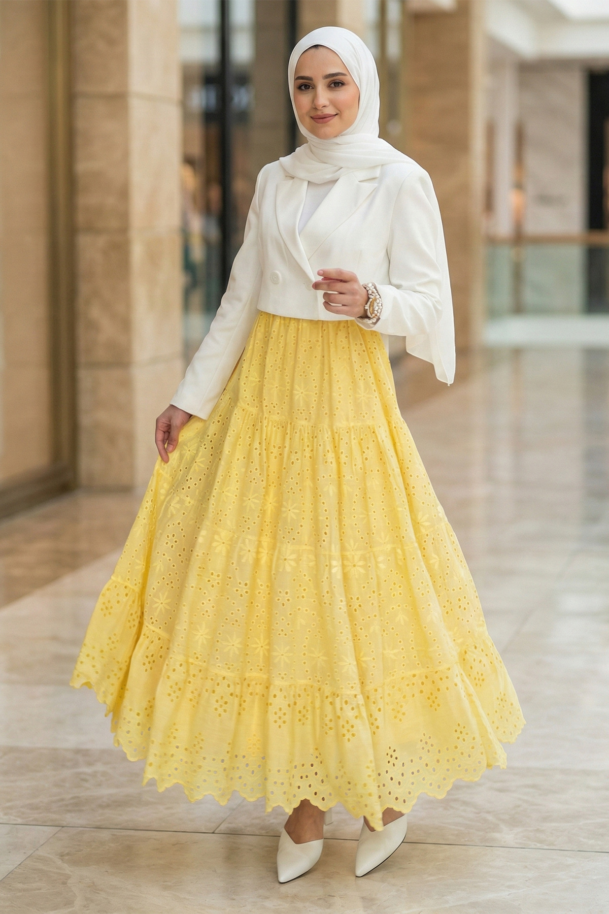 Women Scallop Embroidered Detailed Lined Tesetrtür Skirt - Yellow