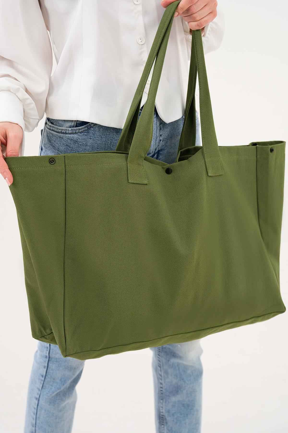 Bagg  3 Çıtlı Yağ Yeşili Büyük Boy Kanvas Çanta - Görsel 5