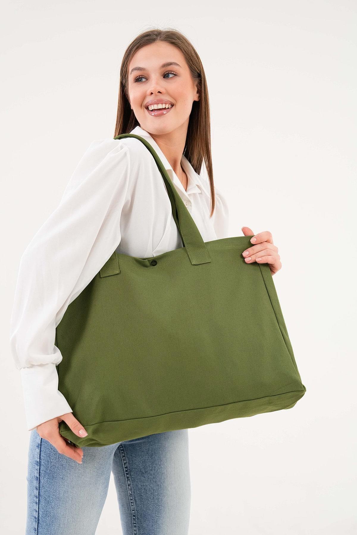 Bagg  3 Çıtlı Yağ Yeşili Büyük Boy Kanvas Çanta - Görsel 3