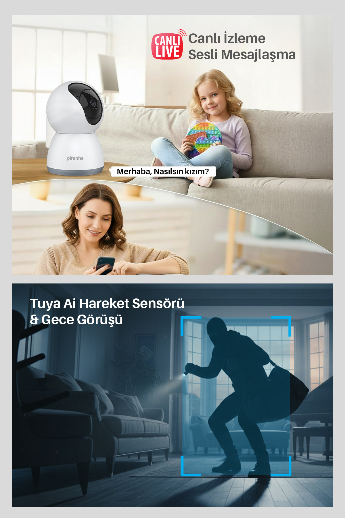 Piranha 9927 WiFi Akıllı Ev Kamerası 360° 1080p 3MP Tuya Gece Görüşlü Geniş Açı Güvenlik Kamerası fotoğrafı 7 (önizleme)