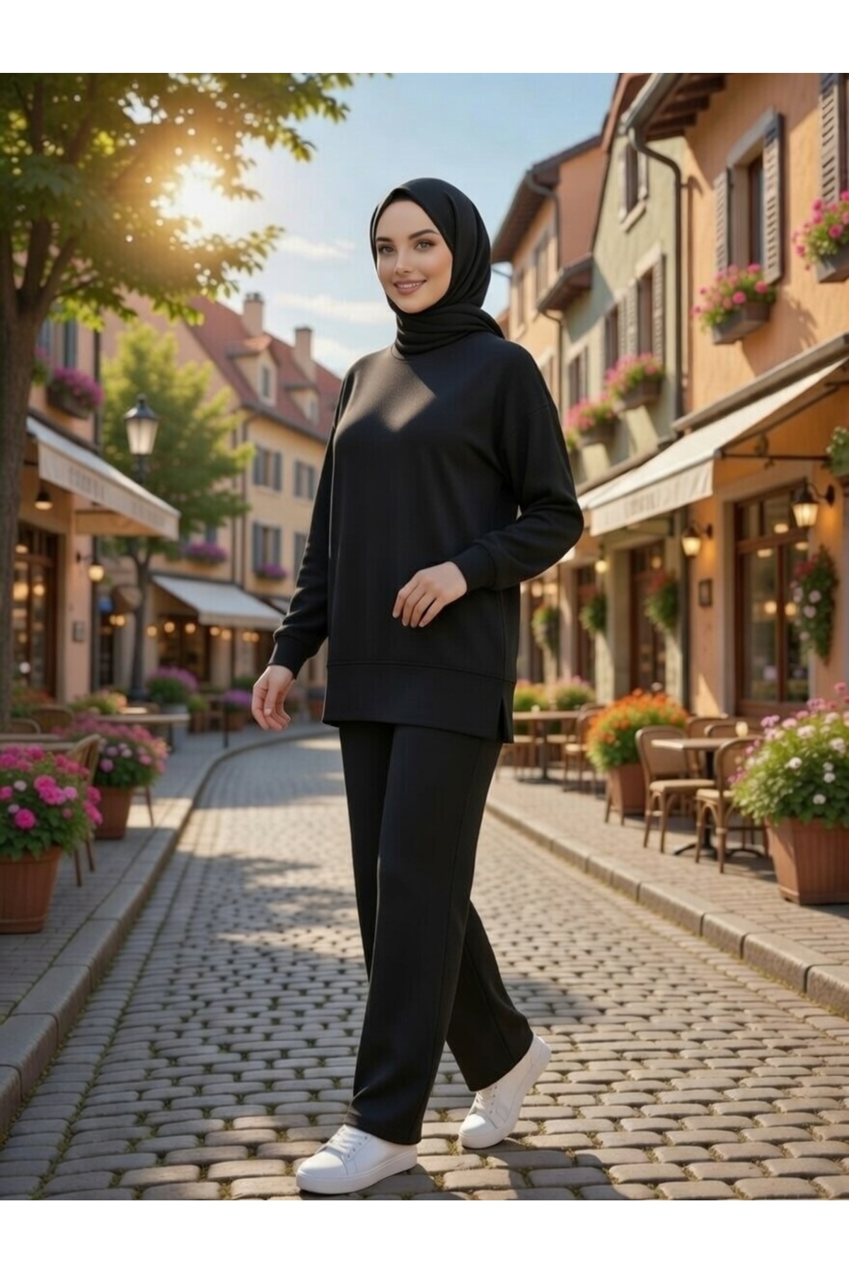 Women's Hijab Clothing Crew Neck Tunic Side Slit Bottom Top Set