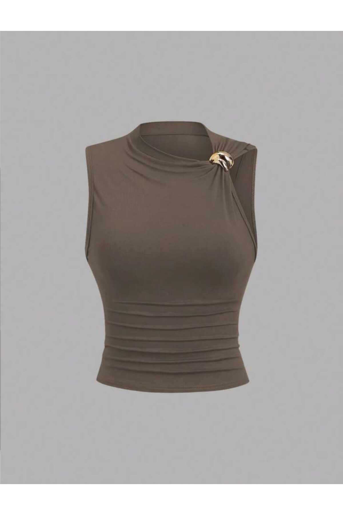 EVOA  Kadın 2'li Gold Tokalı Asimetrik Yaka Drapeli Bluz - Görsel 2