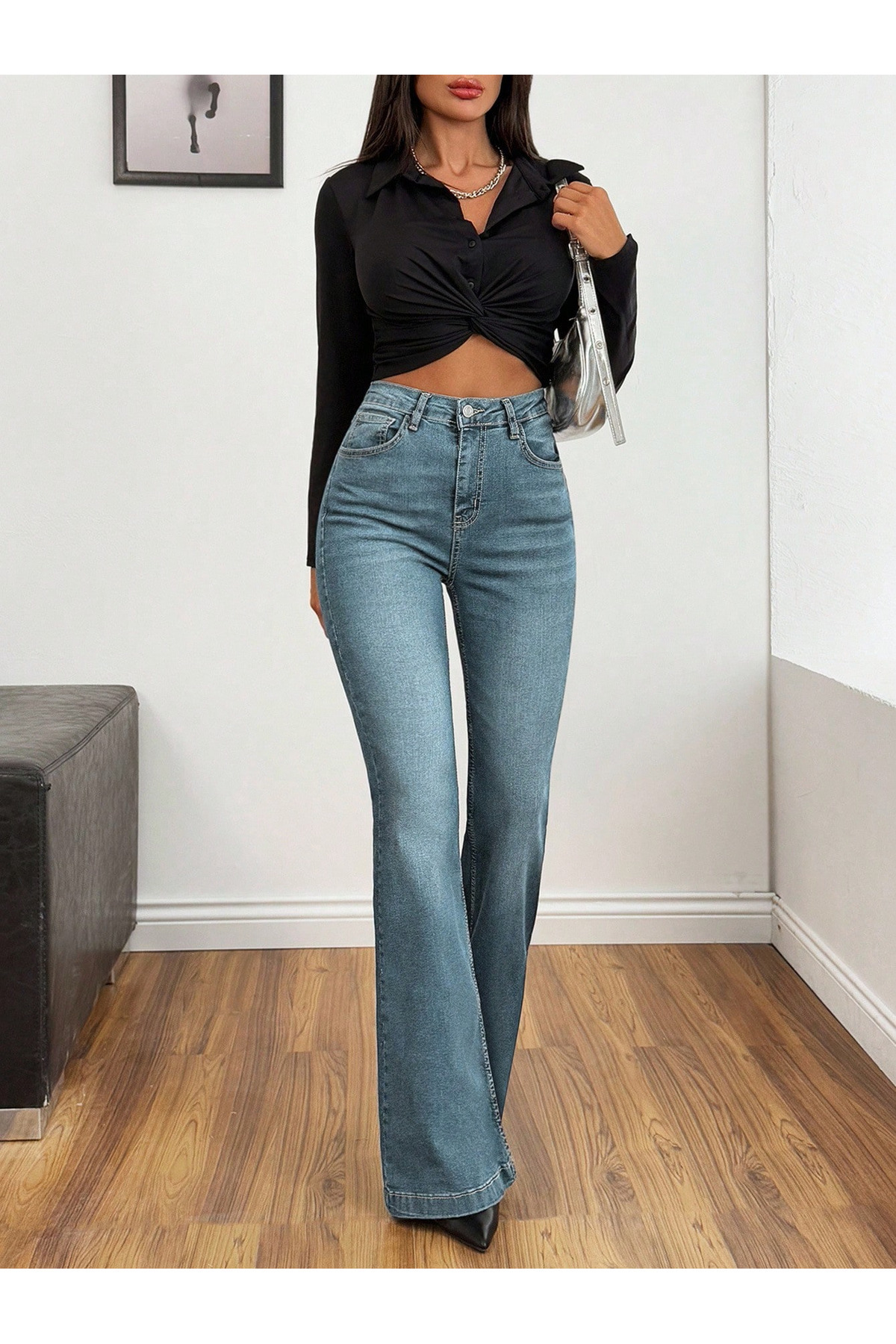 connemara Jeans Kadın Yüksek Bel İspanyol Paça Jean Pantolon, Slim Fit Flare Denim görsel 2