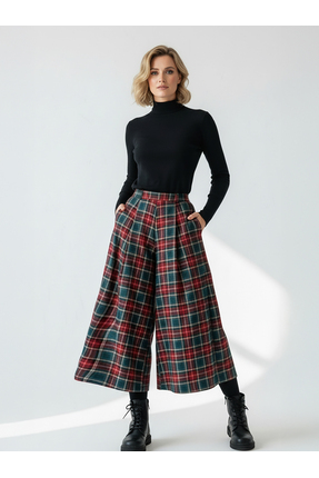 Catz Clothes Ekose Desen Kali Pantolon - Rahat Kesim - Bol Paça - Pantolon Etek