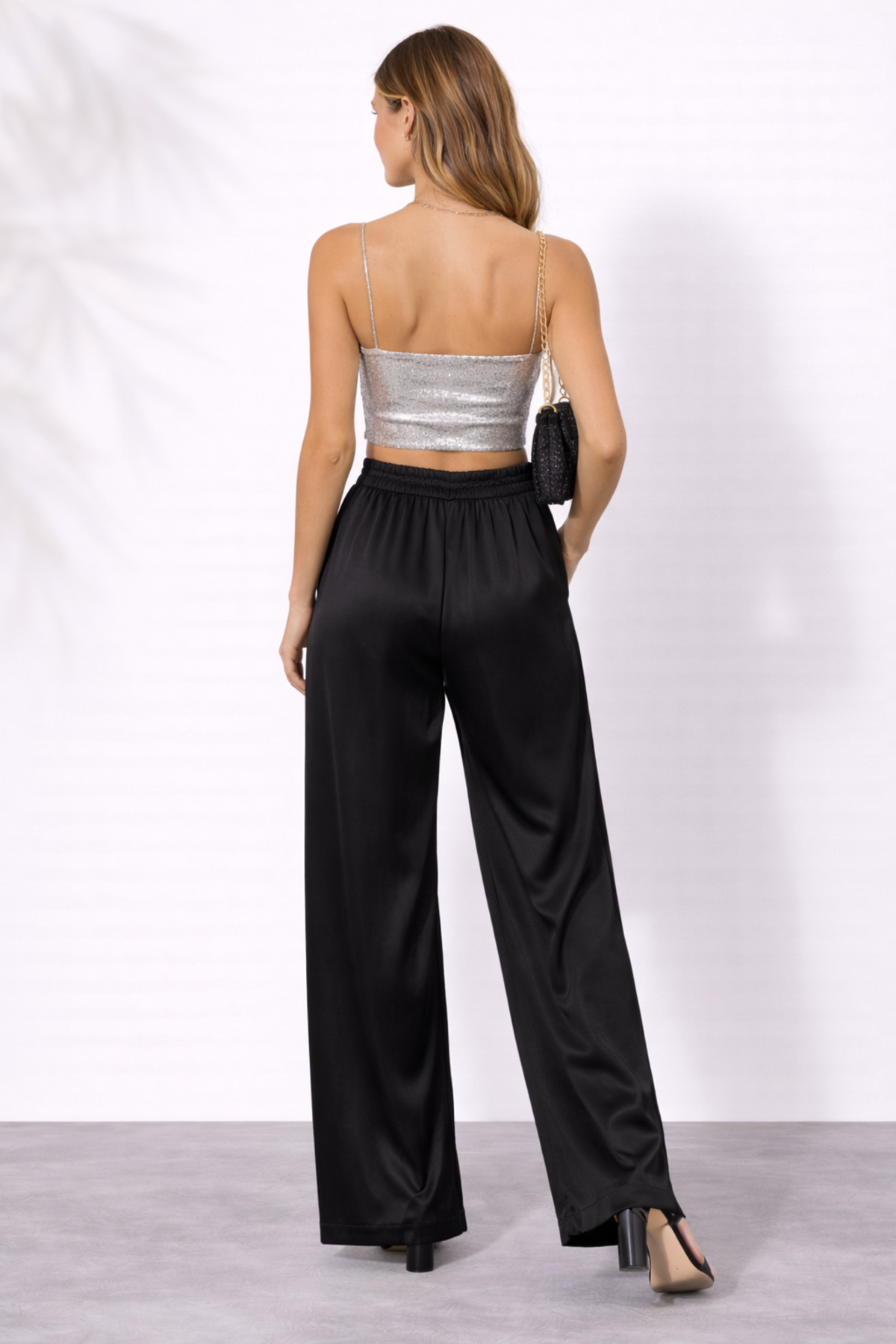 kikiriktekstil  10964 Kadın Yüksek Bel Palazzo Kalıp Bel Lastikli Saten Pantolon - Görsel 4