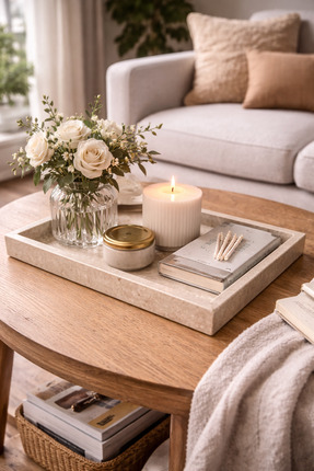 Sarıkaya Granit Doğal Mermer Tepsi | EI Yapımı | Bej Taş Dekor Tepsi