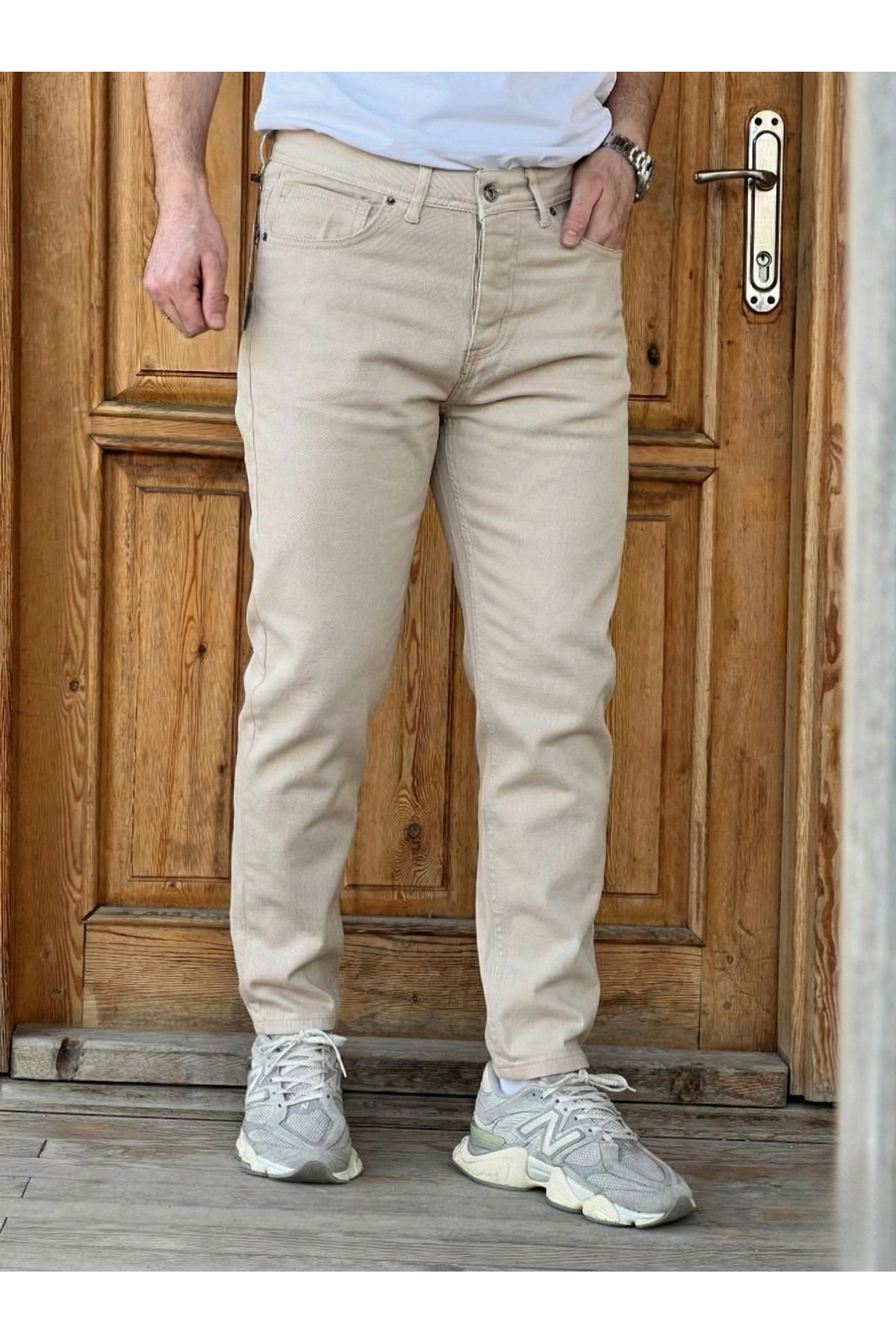 Erkek Slim Fit Likralı Kemerli Pantolon — کرم WP-SFLK1 — تصویر 2 از 6
