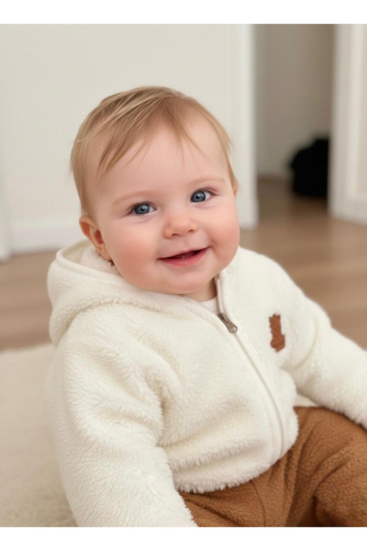 Lumos Trade Bebek Welsoft Peluş Kapüşonlu Hırka Krem Bej – Fermuarlı Yumuşak Kışlık Bebek Ceket 6-24 Ay fotoğrafı 4 (önizleme)