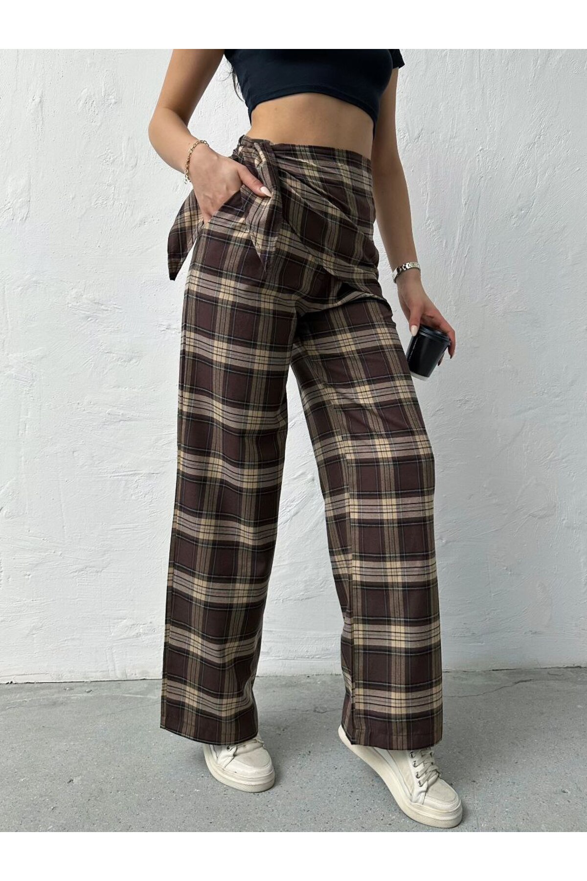 D'RECCY  KADIN FULAR DETAYLI TAİLORED FİT EKOSE PANTOLON - Görsel 3