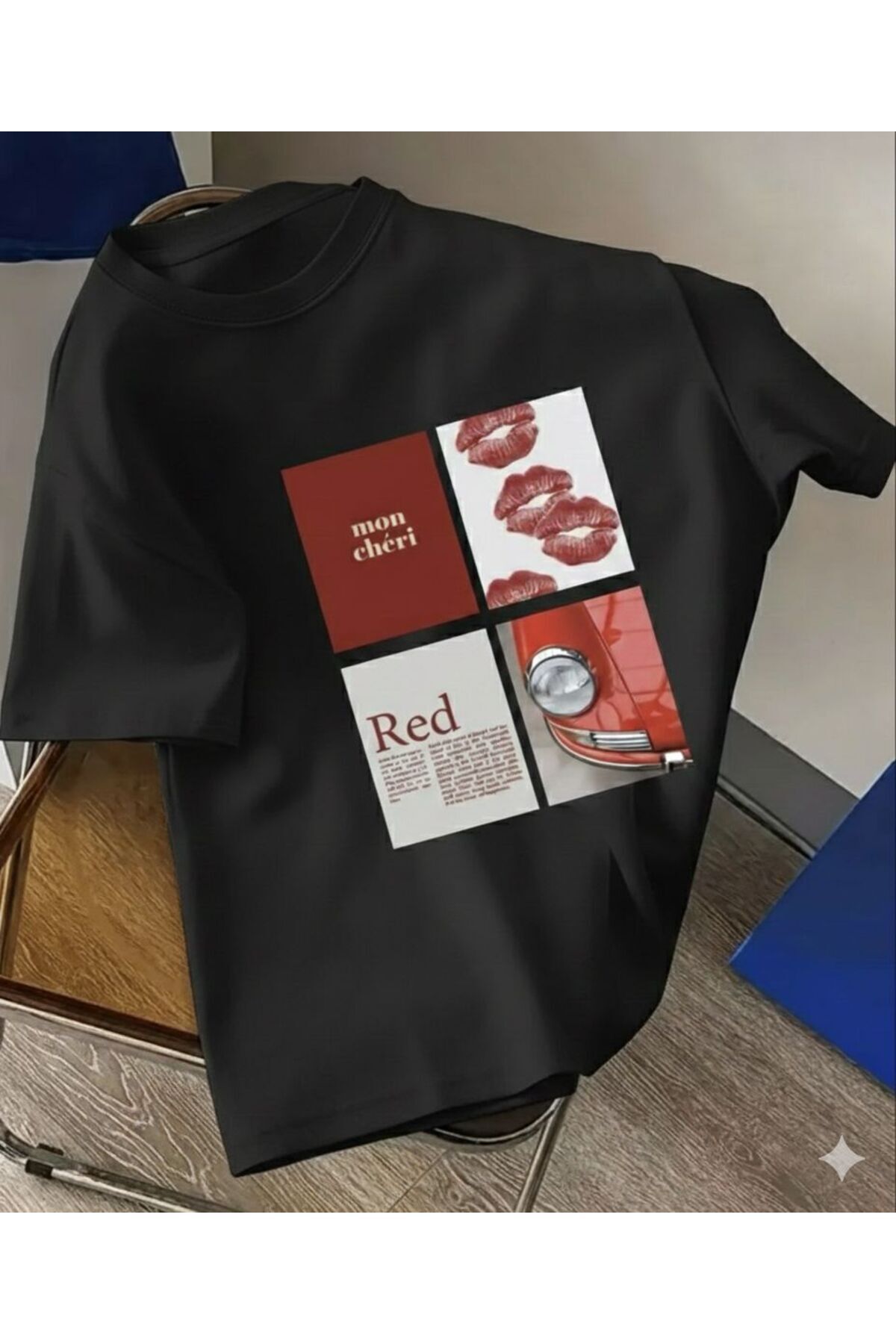 red lips,cars,letters and other elements tshirt with remarkable collage design