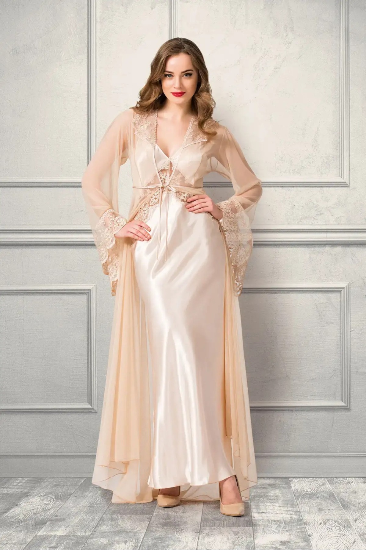 For Dreams 4977 Saten Uzun Gecelik ve Sabahlık Takımı Dantel Detaylı 2li Takım