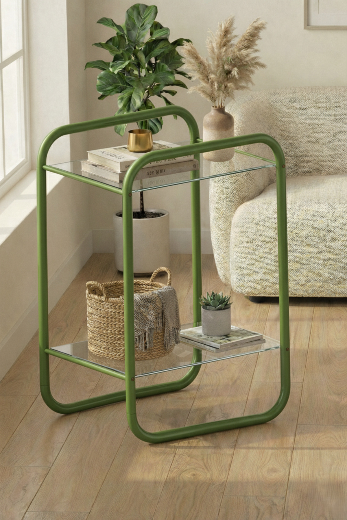 Odessa Side Table Mint Green- Metal Modern Side Table Clear Glass – Stylish Living Room Coffee Table