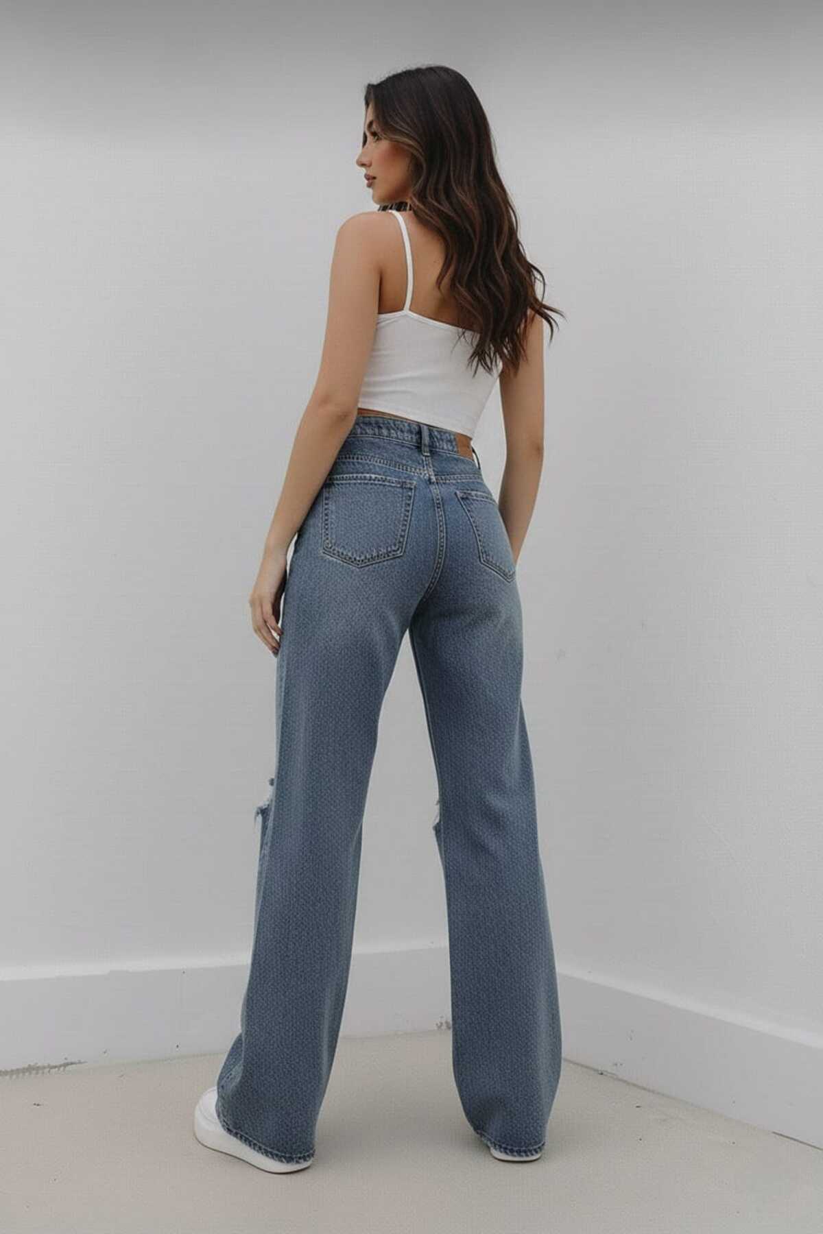 Trn JNS  Christian Likralı Kadın Mavi Orta Kar Yırtık Süper Yüksek Bel Salaş Paça Salaş Denim Kot Palazzo - Görsel 8
