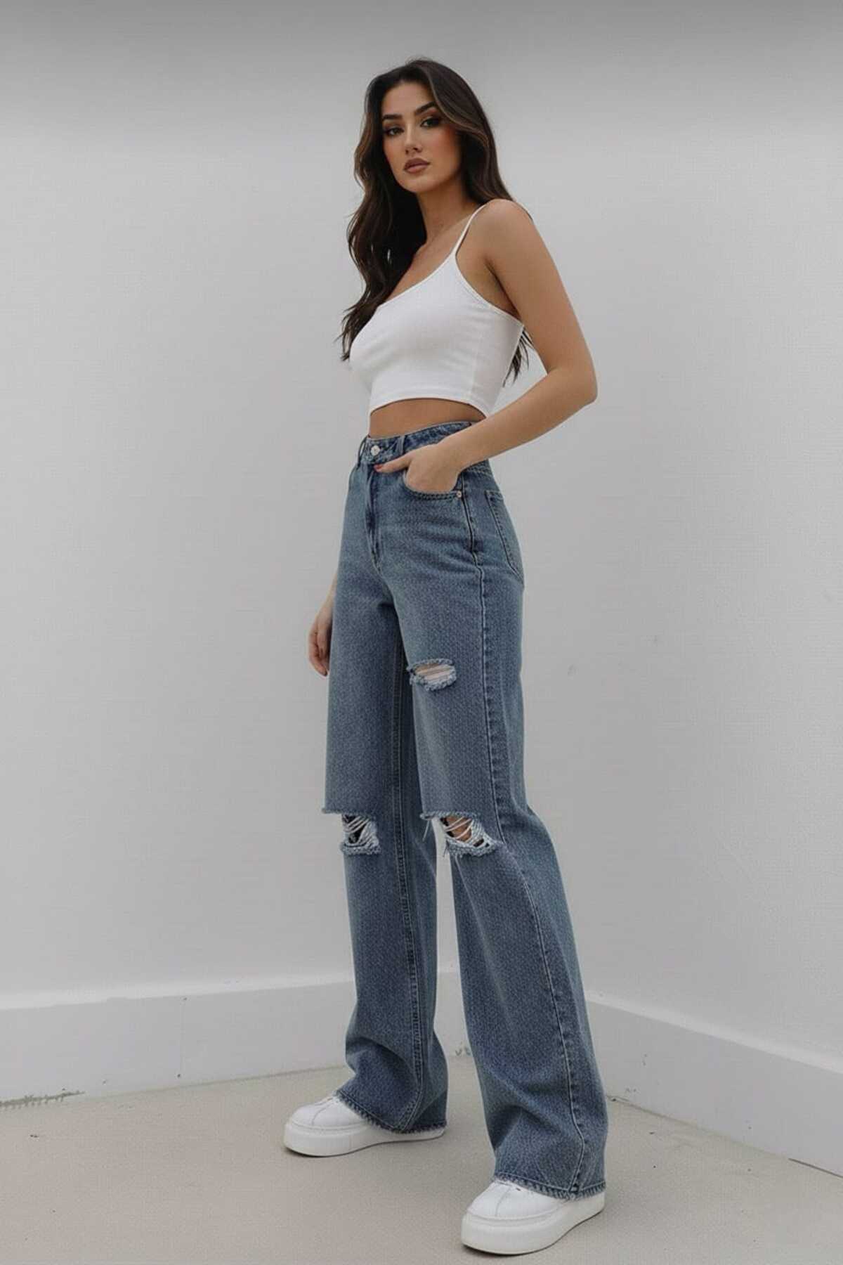 Trn JNS  Christian Likralı Kadın Mavi Orta Kar Yırtık Süper Yüksek Bel Salaş Paça Salaş Denim Kot Palazzo - Görsel 7