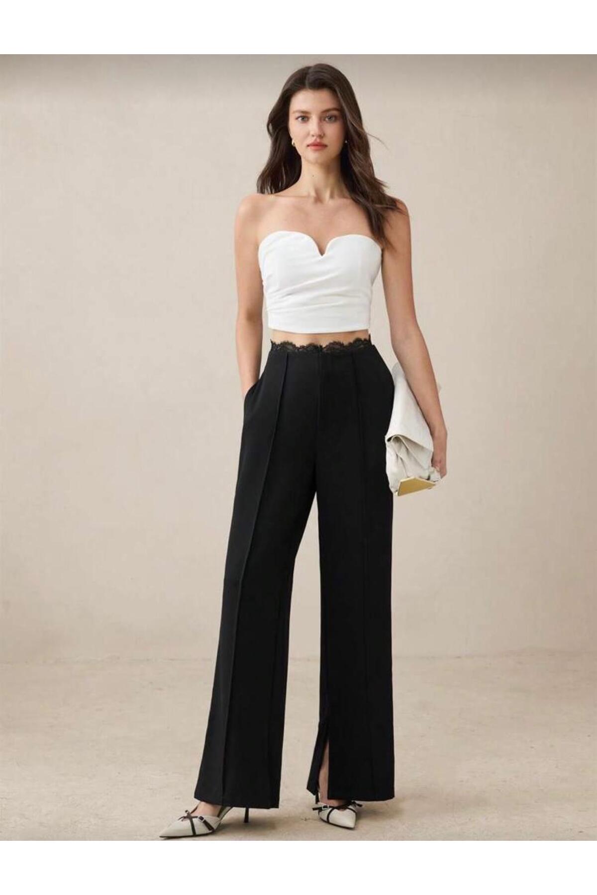 nathia outdoors  Yüksek Bel Dantel Detaylı Palazzo Kadın Pantolon - Görsel 6