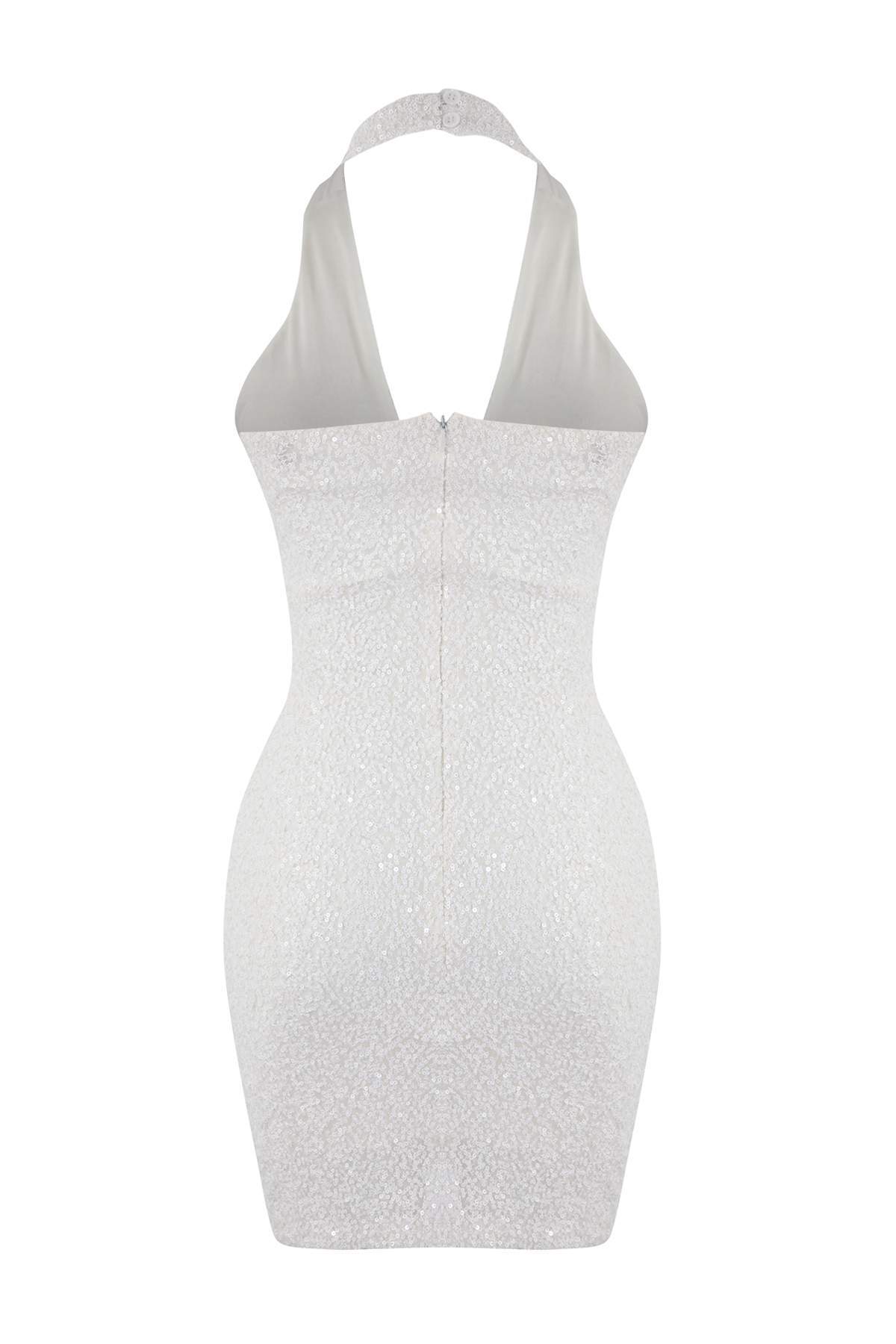 Trendyolmilla  Beyaz Degaje Yaka Payet Kısa / Mini Astarlı Şık/Gece Elbise TPRSS26EL00062 - Görsel 4