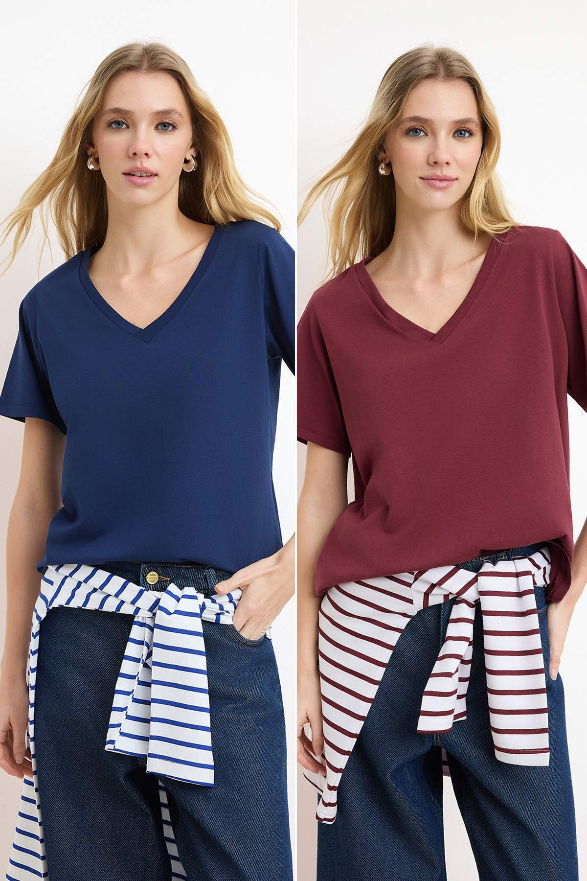 Trendyolmilla  Bordo-Lacivert %100 Pamuk 2'li Paket Regular Kalıp Basic V Yaka Örme T-Shirt TWOSS23TS00002