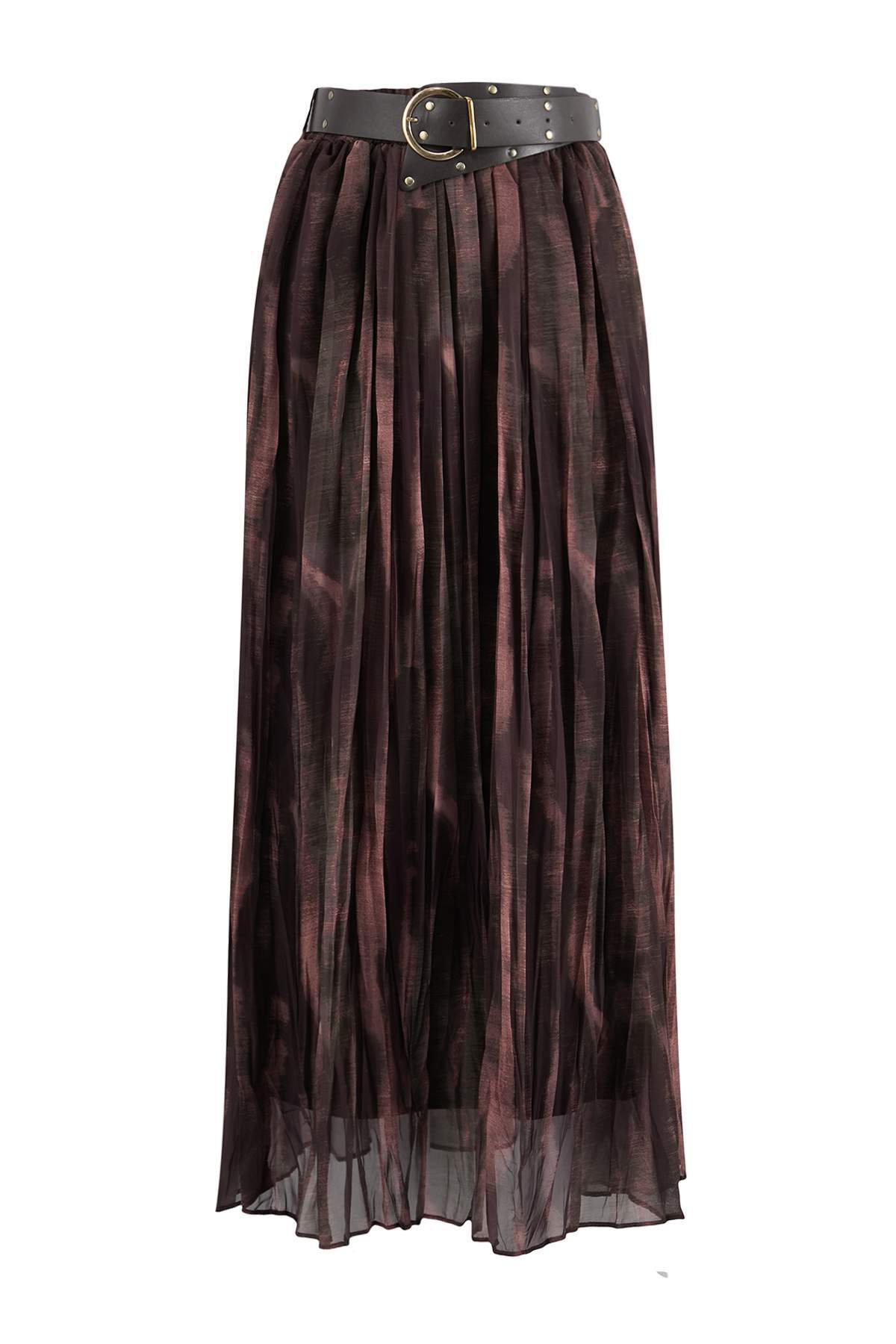 Trendyolmilla  Kahverengi Kemerli Şifon Kırışık Dokuma Uzun Etek TWOAW26ET00171 - Görsel 5