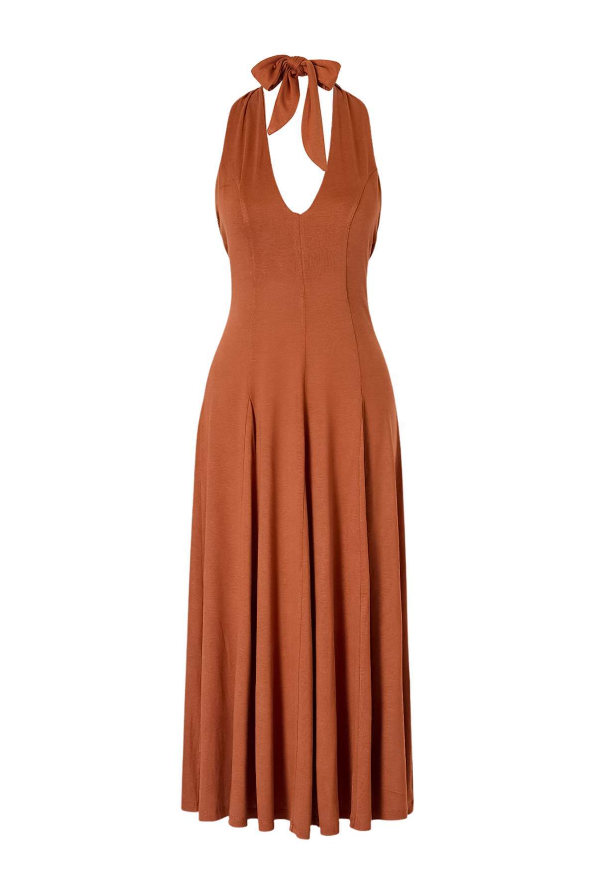 Trendyolmilla  Kiremit Örme Midi Sırt Dekolteli Boyundan Bağlamalı Plaj Elbisesi TBESS26EL00047 - Görsel 5