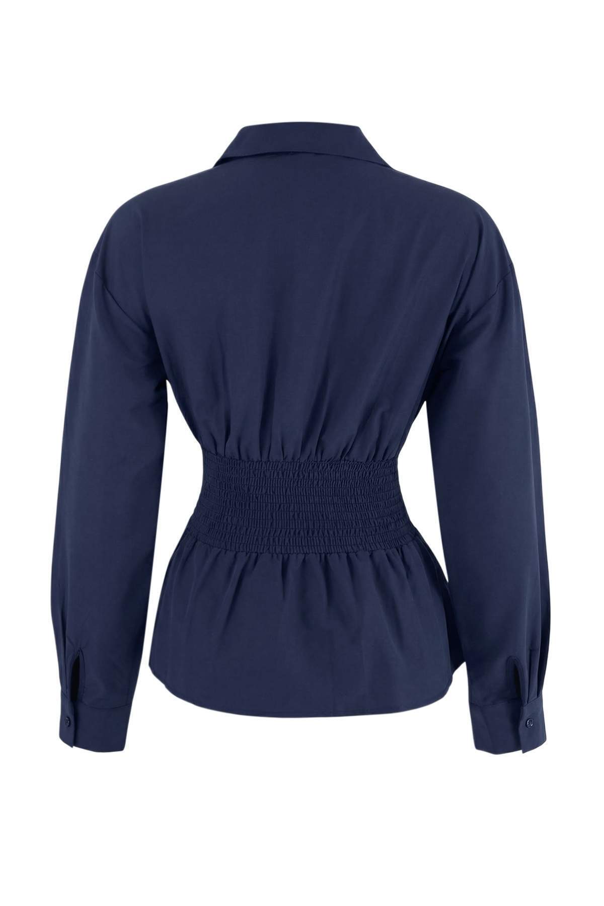 Trendyolmilla  Lacivert Bele Oturan Gipe Detaylı Gömlek TWOAW26GO00008 - Görsel 6