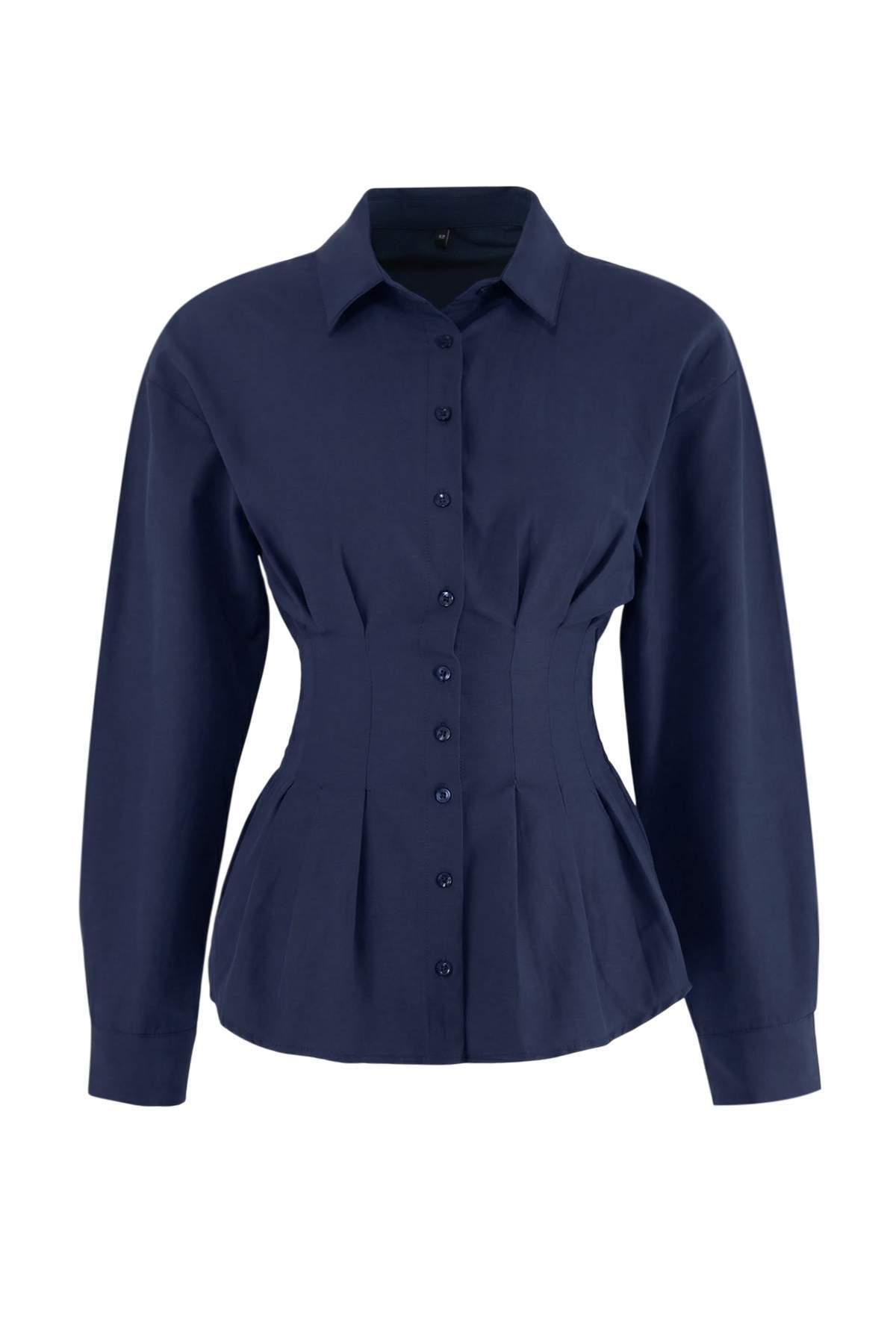 Trendyolmilla  Lacivert Bele Oturan Gipe Detaylı Gömlek TWOAW26GO00008 - Görsel 5