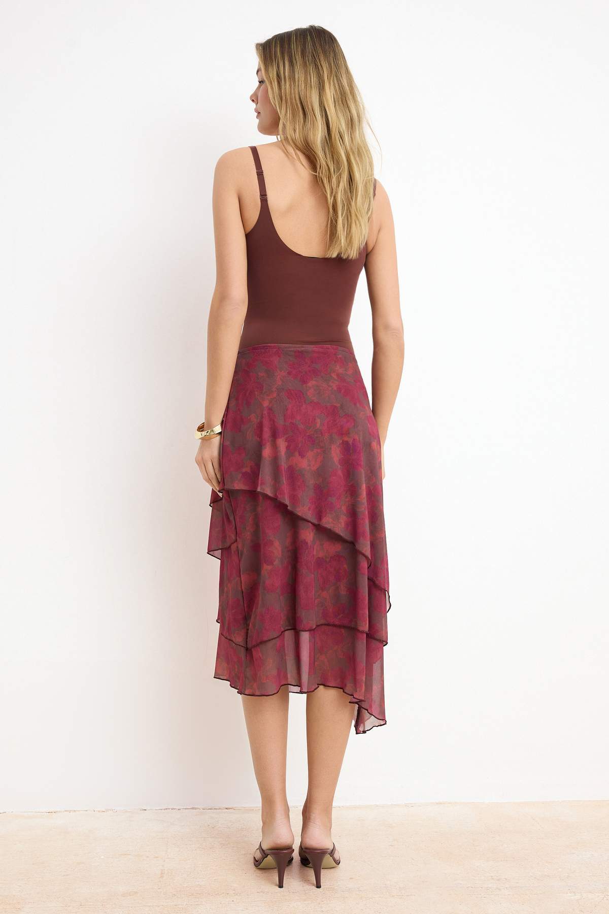 Trendyolmilla  Bordo Fırfırlı Soyut Desenli Örme Etek TWOAW26ET00084 - Görsel 4