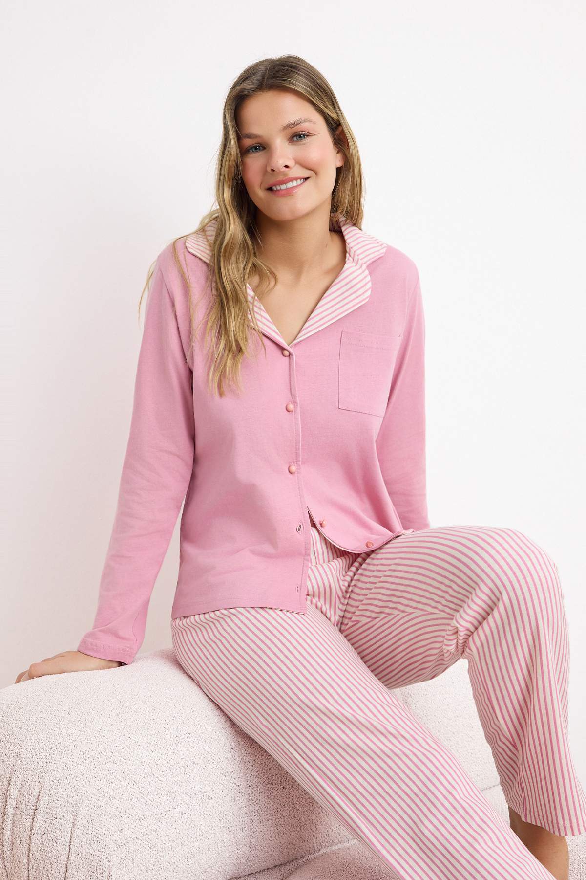 Trendyol Collection Pink 100% Cotton Striped Shirt Collar Pocket Knitted Paja...