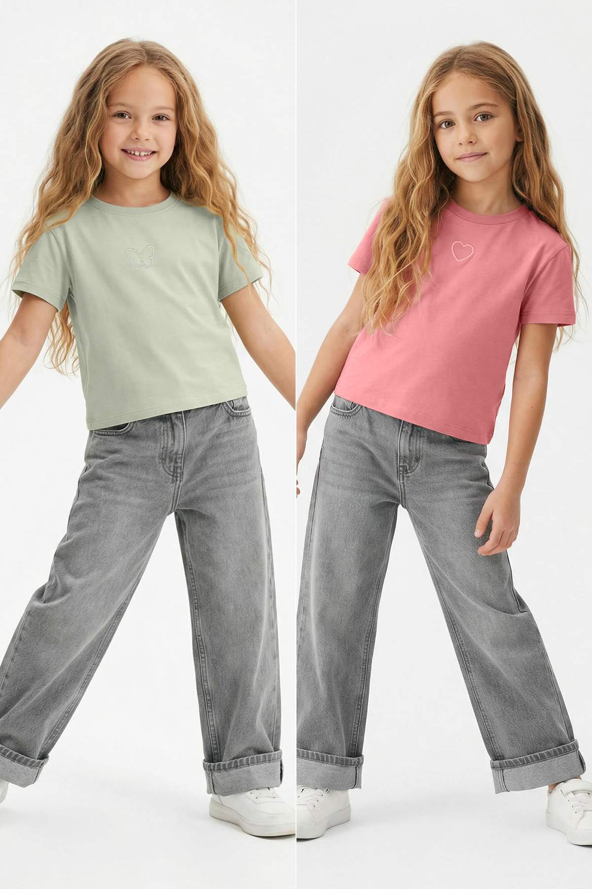 Trendyolmilla Kids Pembe-Mint 2'li Nakışlı Kız Çocuk Düz Nakışlı Örme T-Shirt TKDSS26TS00006