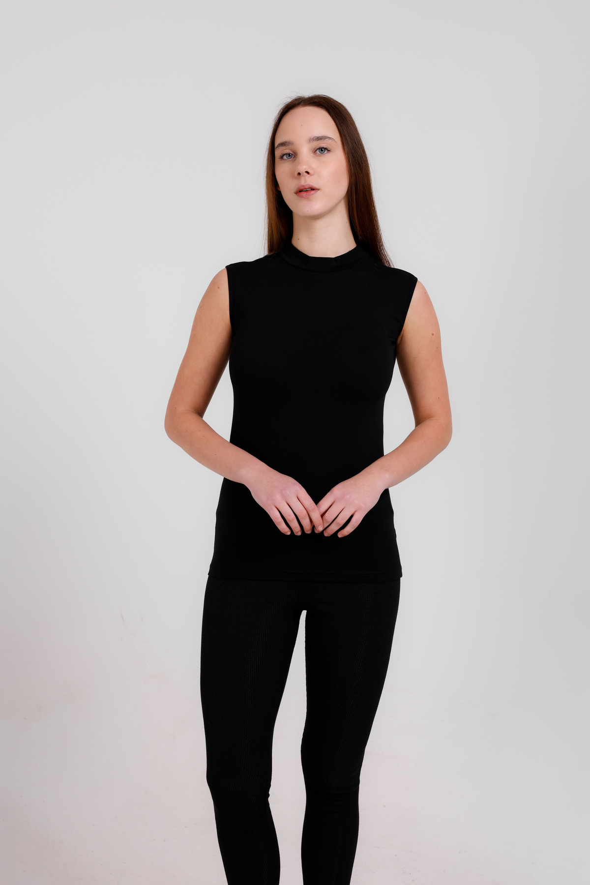 Women's Black Lycra Zero Sleeve Turtleneck Camisole