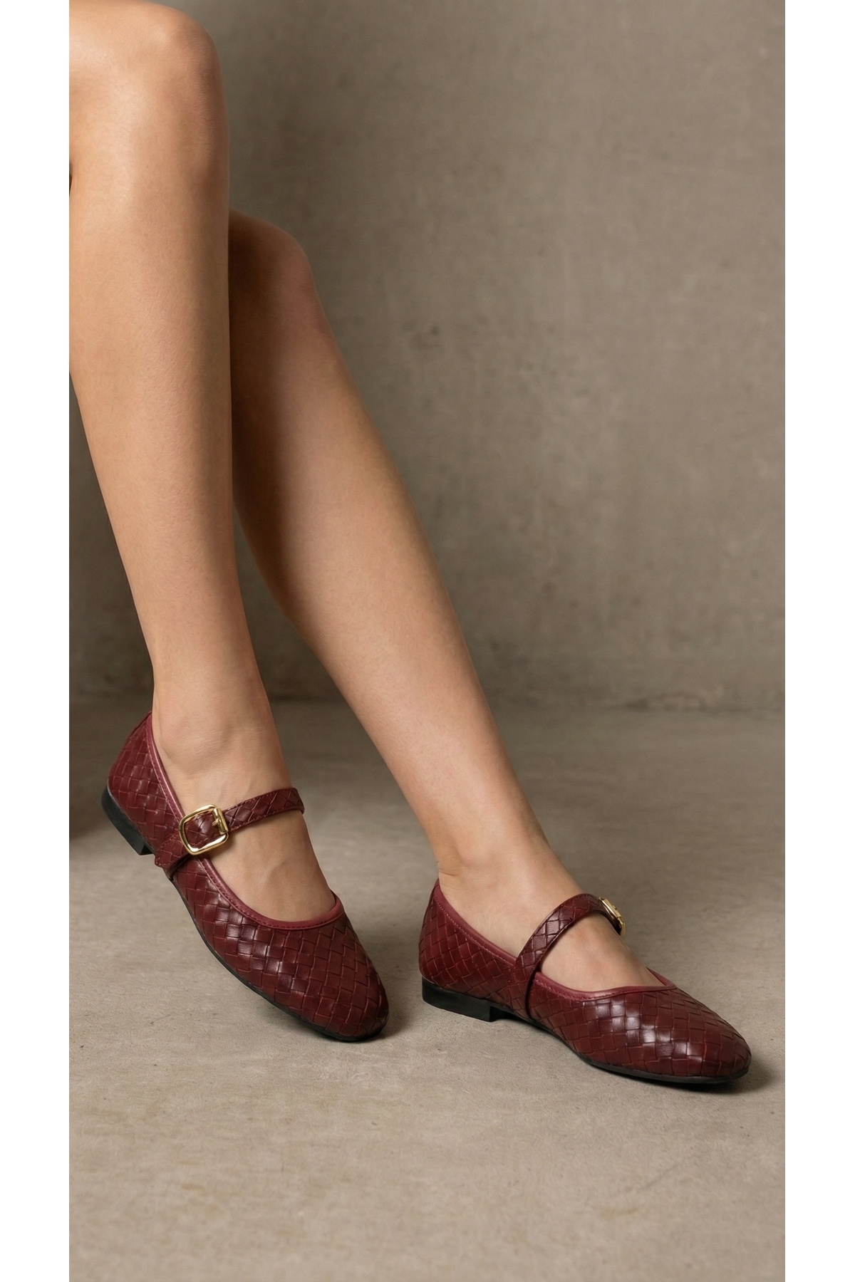 Beyond   Kadın Bordo Tokalı Örgü Desenli Mary Jane Babet Ayakkabı 1cm BYNDBTG01 - Görsel 2