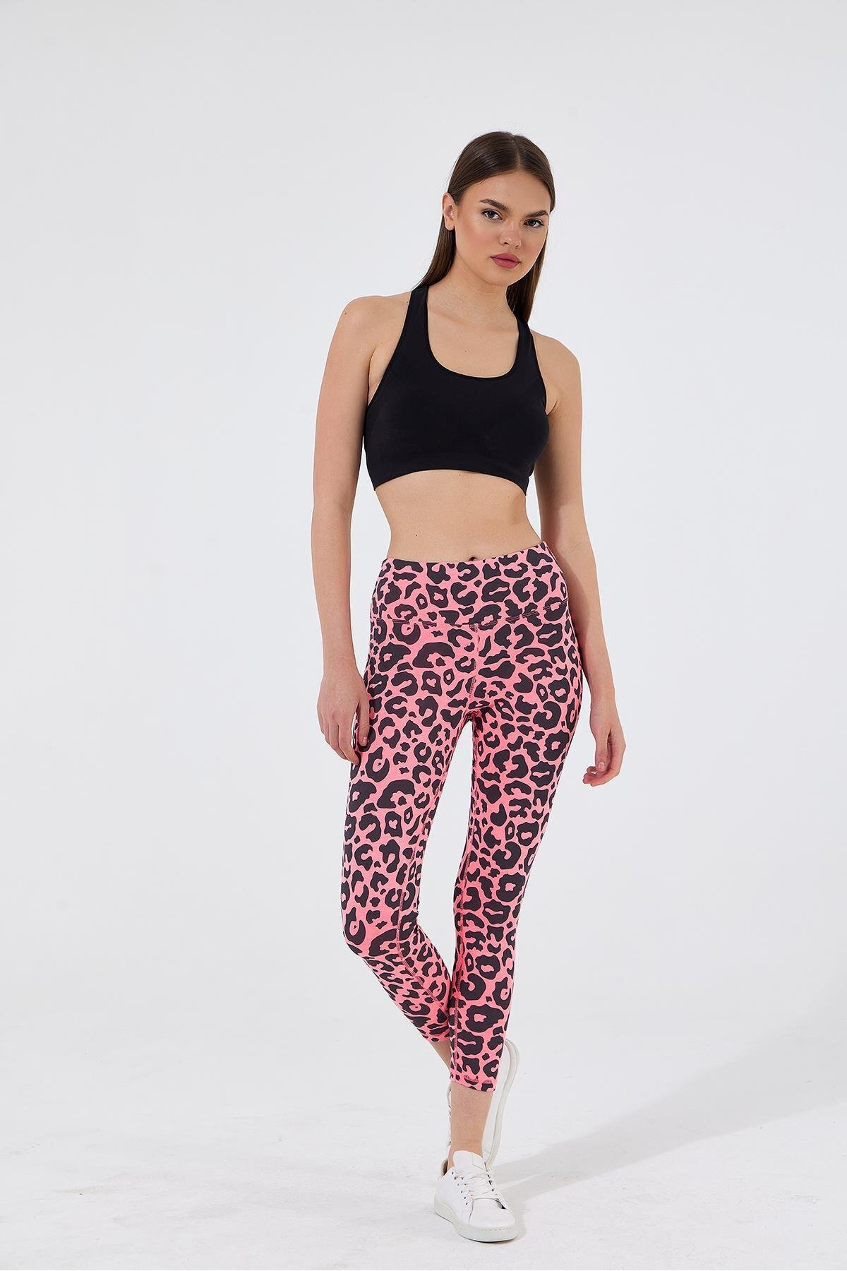 Polo State  Kadın Leopar Desenli Yüksek Bel Likralı Pamuk Tayt Pembe - Görsel 2