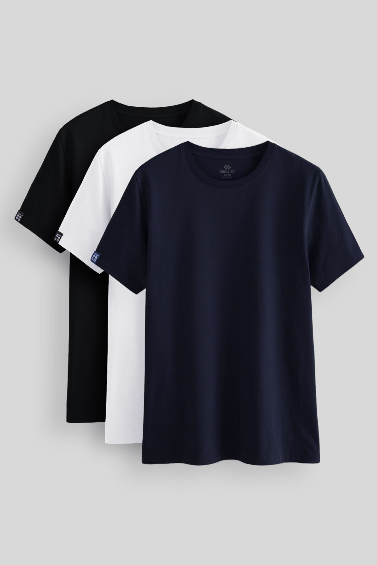 TOMMY LIFE  Standart Fit Basic O Yaka 3lü Paket Siyah-Beyaz-Lacivert Erkek T-Shirt 87911