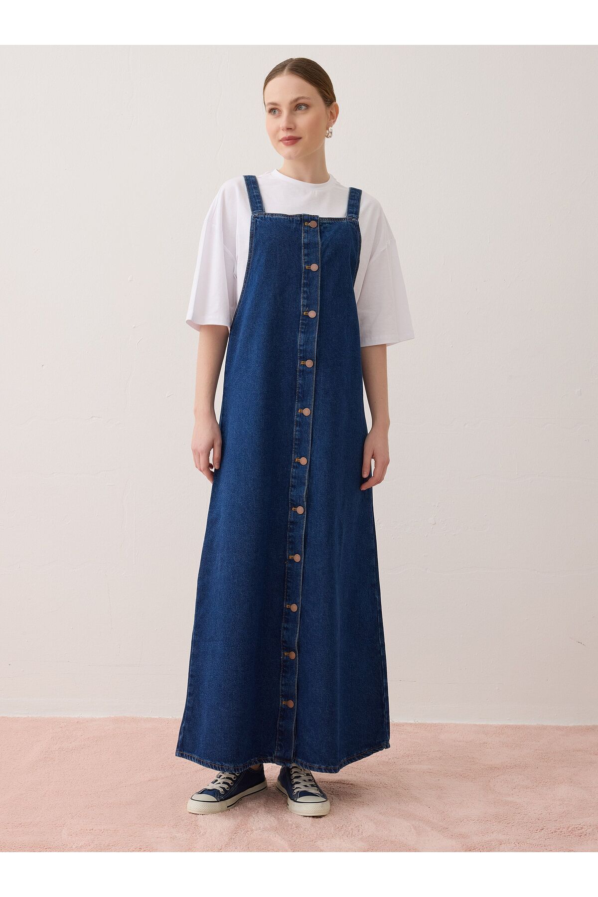 Benin  Pamuklu Denim Jile Elbise - Mavi - - Görsel 4