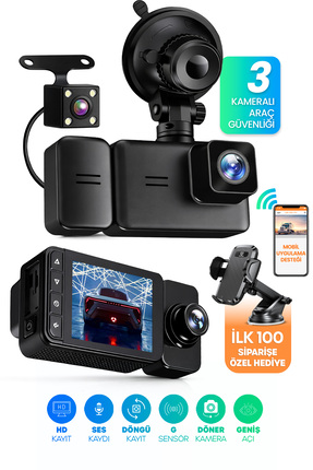 Venenon 3 Kameralı Wifi Ekran Araç Kamerası FullHD Geniş Ön + Arka + Araç İçi...