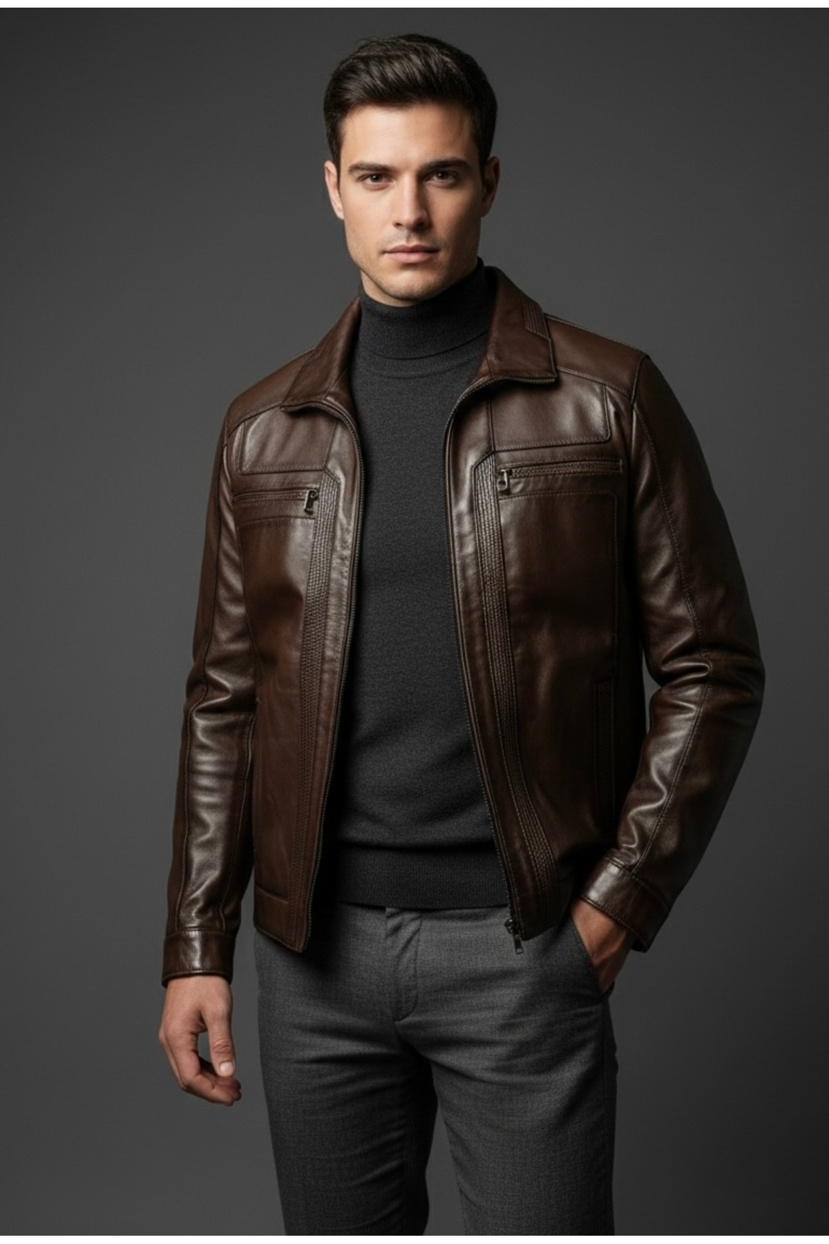 SAVARA  Erkek koyu kahve polo yaka Gerçek Deri mont Regular Fit Rahat Kalıp %100 orginal