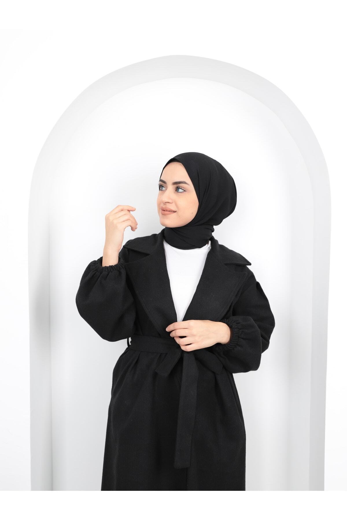 Genel Markalar  Kolları Büzgülü Kuşaklı Kadın Tesettür Kaban\kaşe Kaban - Görsel 6