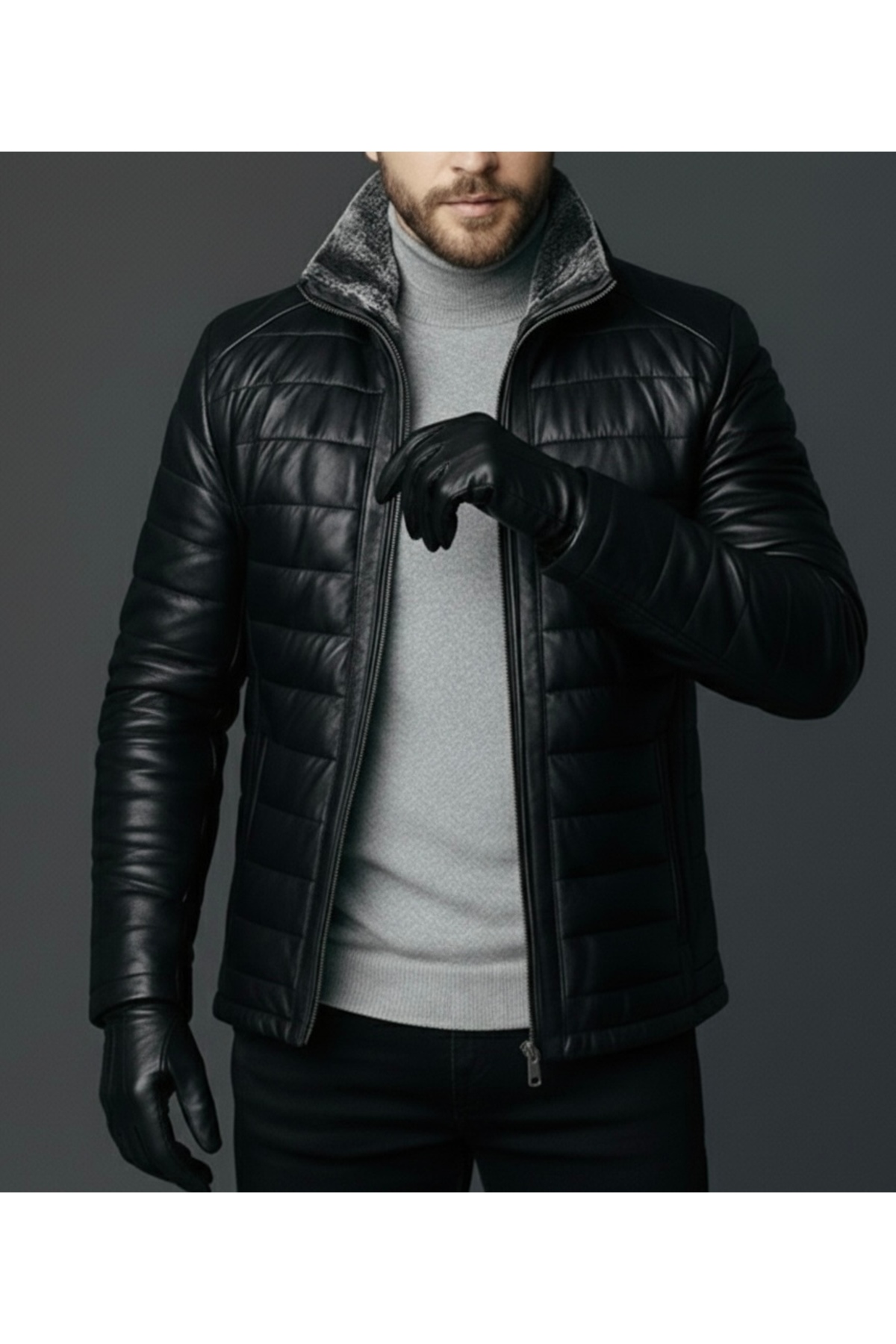 SAVARA  Slimfit yakası kürklü Siyah hakiki Deri Mont %100 Hakiki Gerçek Deri ( Yaka kürkü çıkarılabilir) - Görsel 5