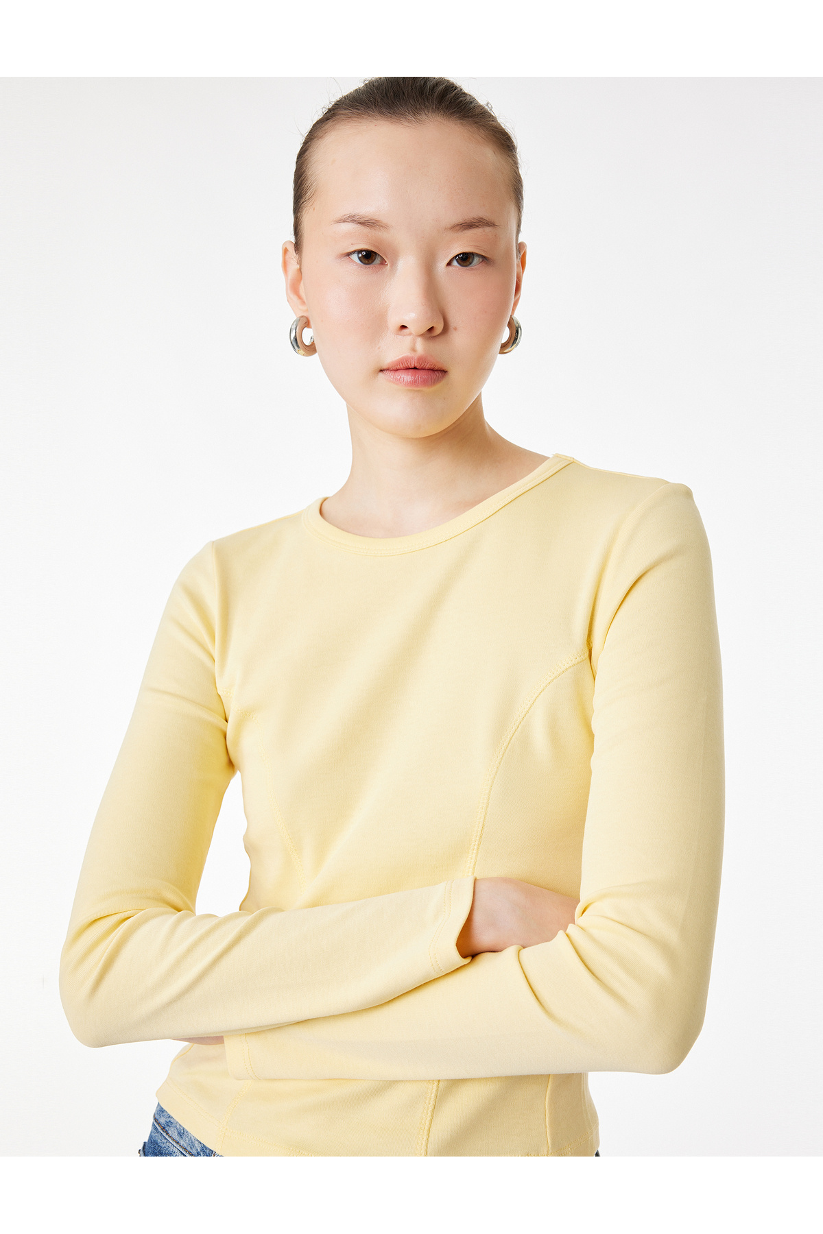 Koton Cotton Slim Fit Long Sleeve T-Shirt with Stitching Detail and Crew Neck