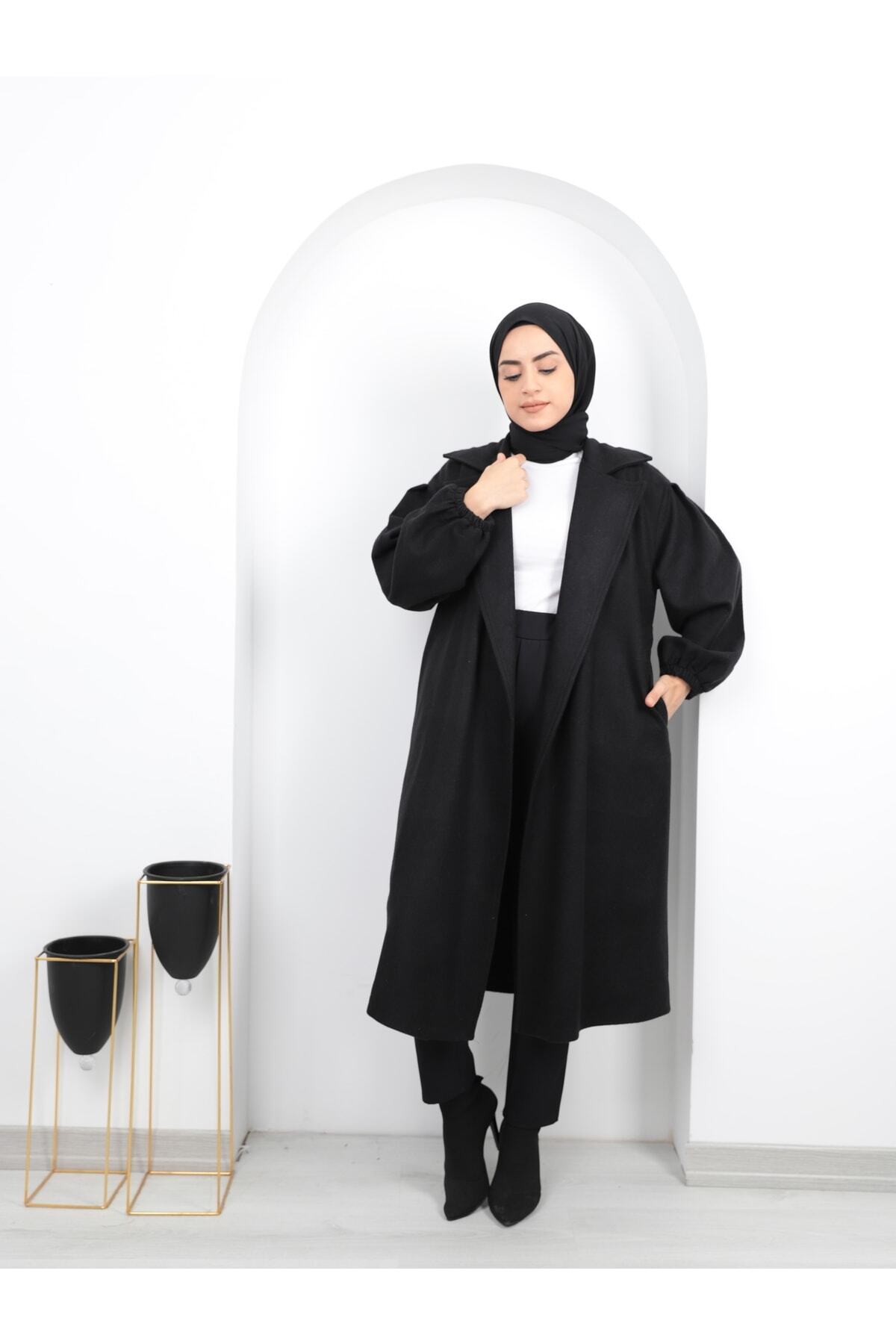Genel Markalar  Kolları Büzgülü Kuşaklı Kadın Tesettür Kaban\kaşe Kaban - Görsel 3