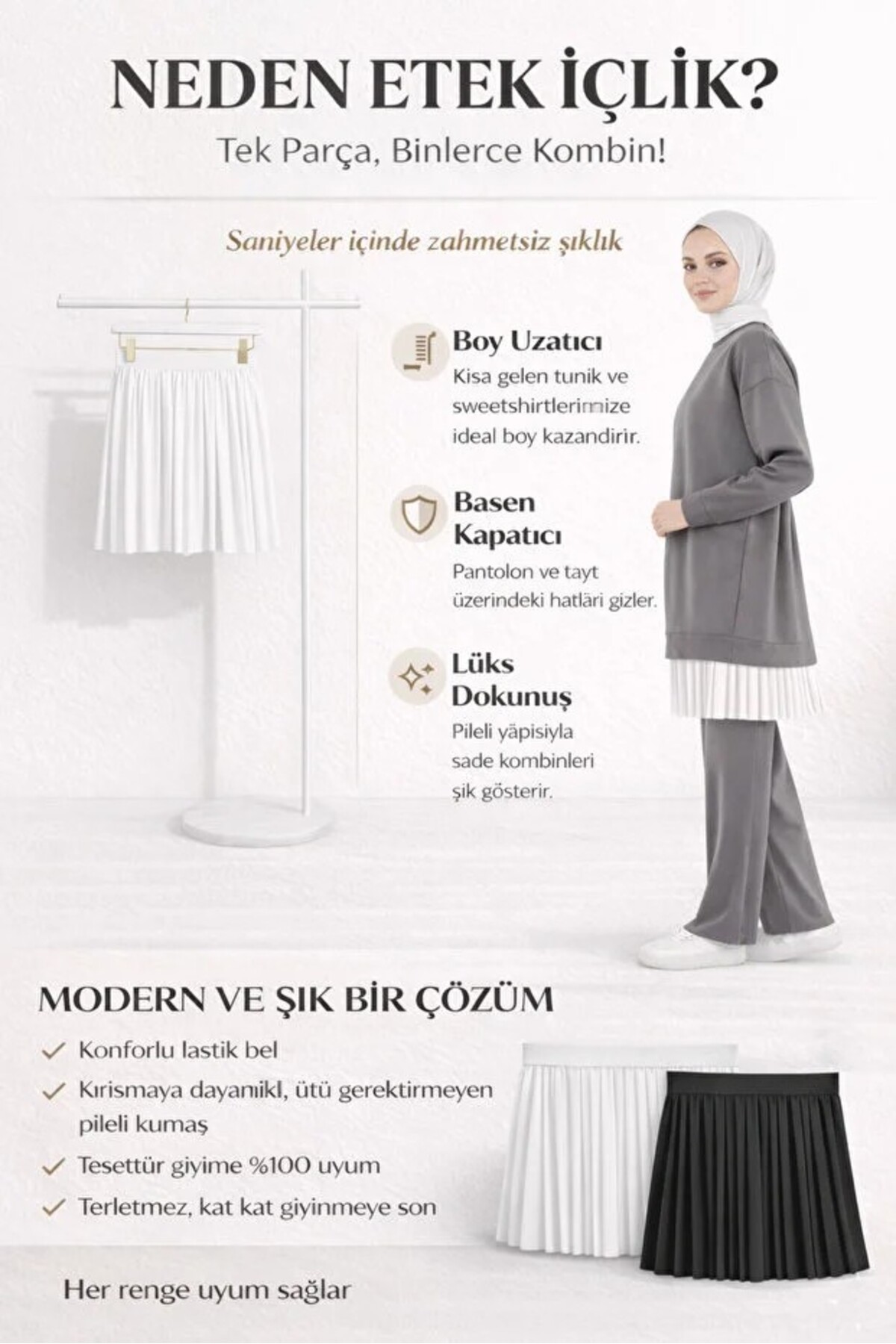 Modabenna  Kadın 2'li Paket Pileli Etek Tesettür içlik Beli Lastikli Mini Tamamlayıcı Siyah Ekru Piliseli Plise - Görsel 3