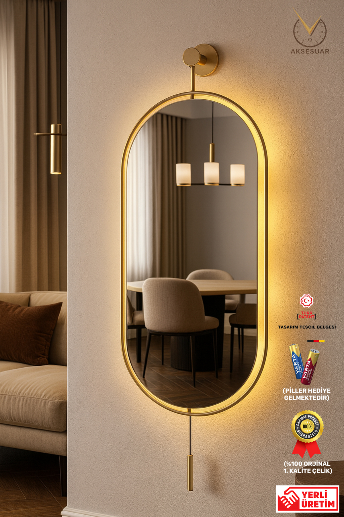 Oversized Serenity Gold Led Mirror with Wireless Battery (BATTERY GIFT) Modern Wall Mirror 30 x 80 CM