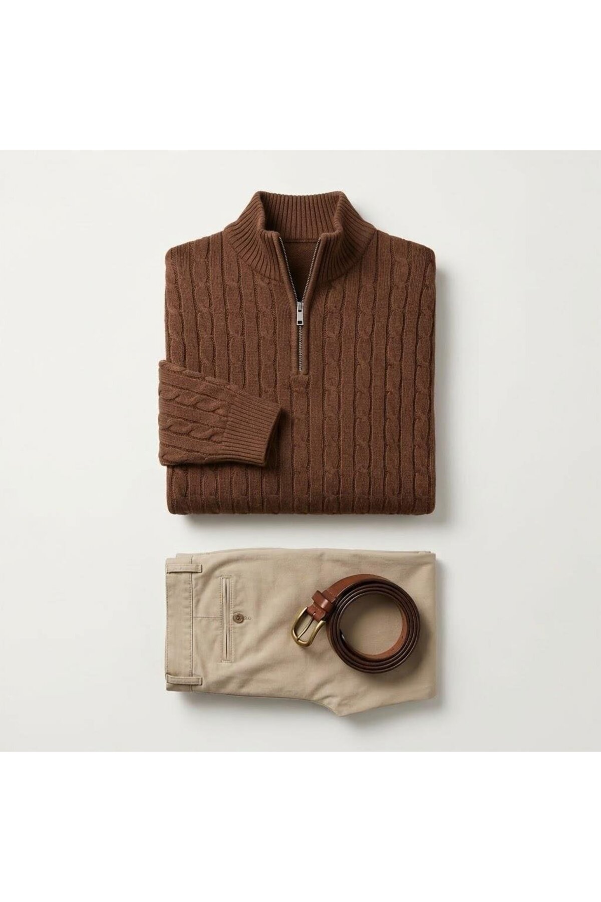 Valiberta  Bardem Saç Örgülü Yarım Fermuar Erkek Triko Kazak - Kahve - Görsel 6