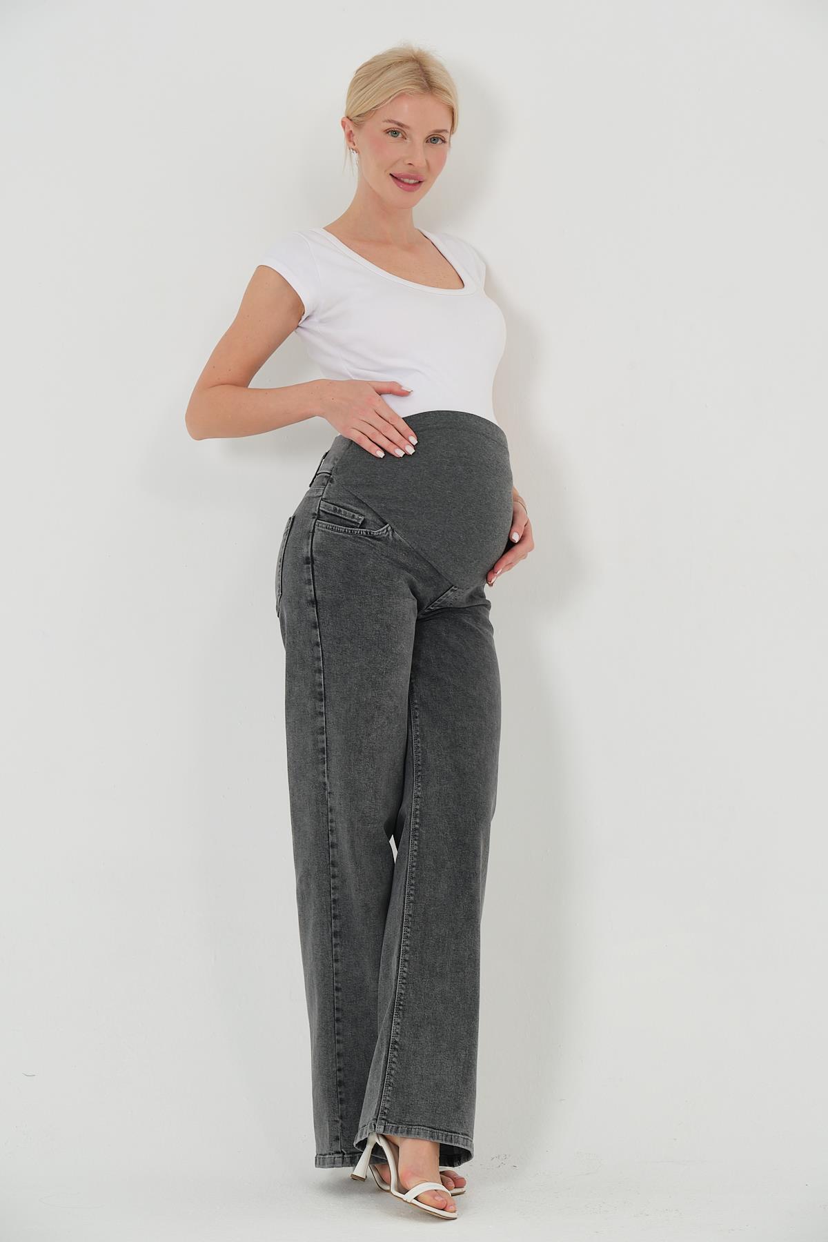 BUSA Hamile Karnı Saran Esnek Bantlı Arka Kemerli Bol Paça Kot Pantolon ANTRASİT fotoğrafı 3 (önizleme)