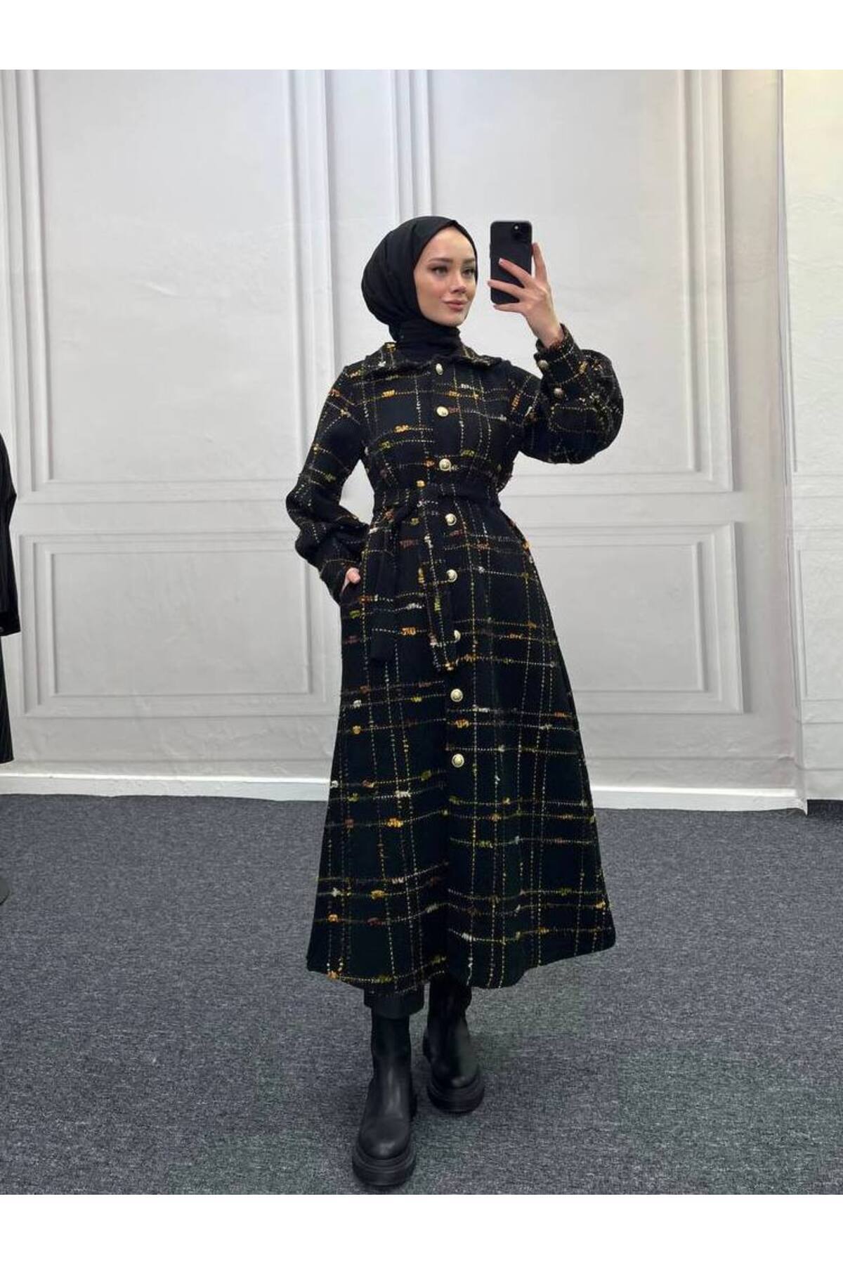 Esre Store  4449 - Renk Detaylı Tesettür Kaban Kahverengi