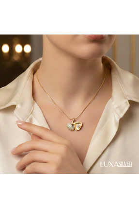 luxa silver jewellery İncili Zirkon Taşlı İstiridye Yüksek Çelik Kolye / Sevg...
