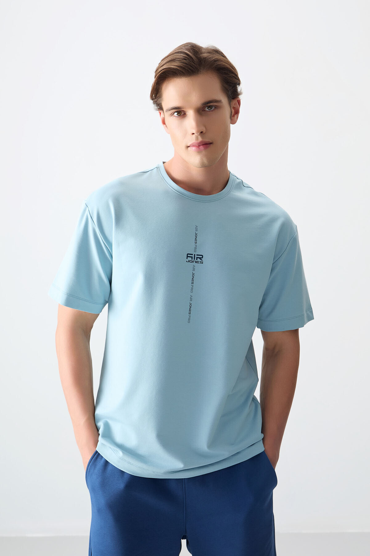 Light Blue Cotton Thick Soft Textured Oversize Fit Printed Men's T-Shirt- 88373