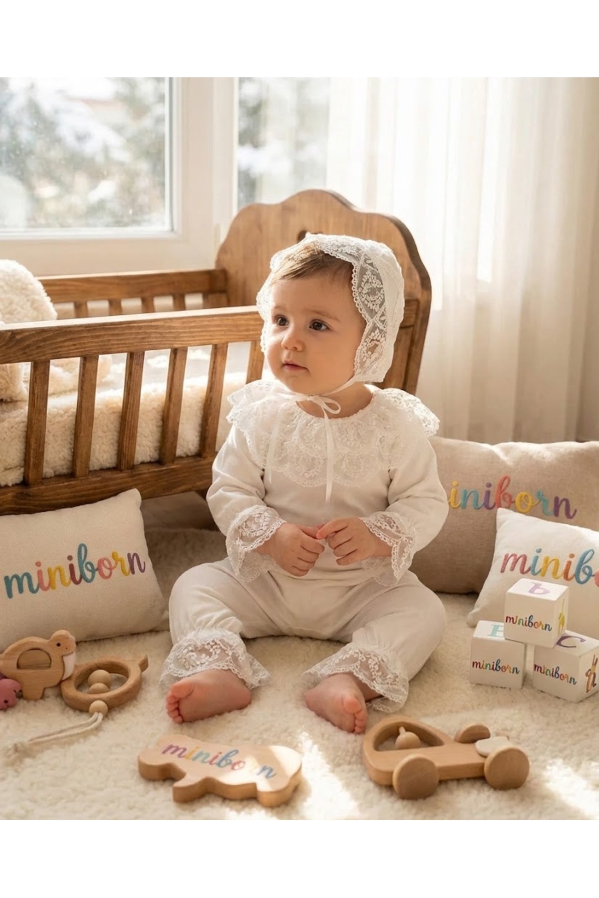 Newborn Girl Collar Lace Ecru Jumpsuit Set
