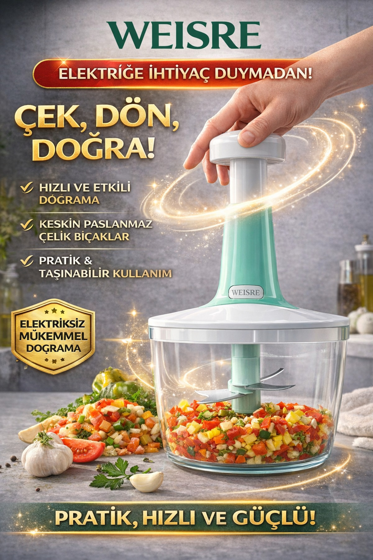 Weisre Manuel El Rondosu 3’lü Çelik Bıçaklı, Üstten Basmalı, Çok Amaçlı Doğrayıcı