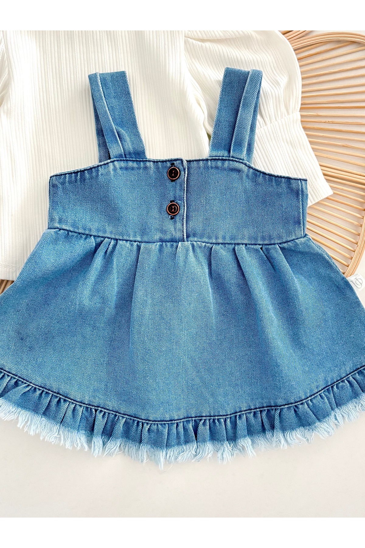 Jammybaby Püsküllü Kot Jile Elbise %100 Pamuk Likralı Ribana Balon Bluz Lüks Jean Kız Bebek Takım fotoğrafı 2 (önizleme)