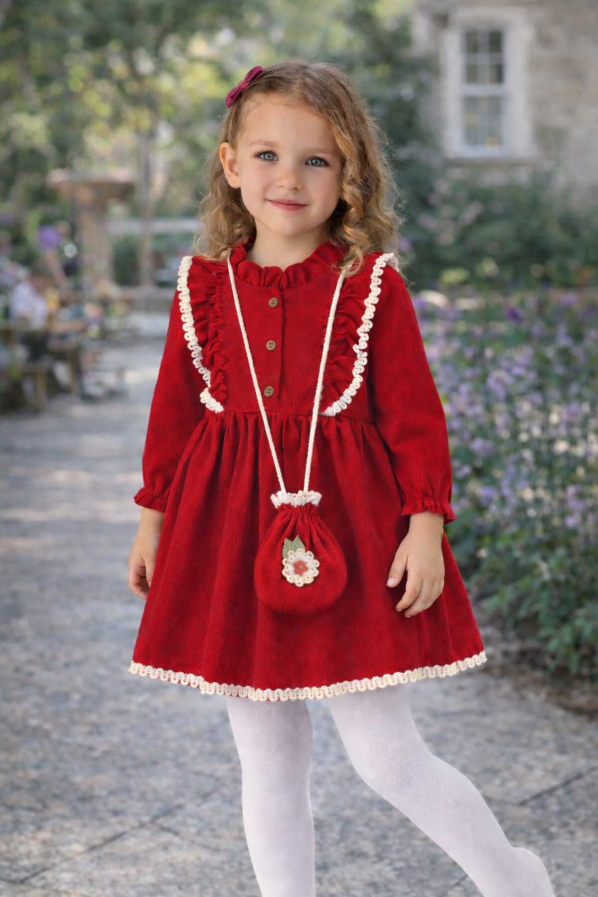 Girls Bag and Lace Long Sleeve Red Seasonal Dungaree Holiday Dress (2-3-4-5 YEARS OLD)
